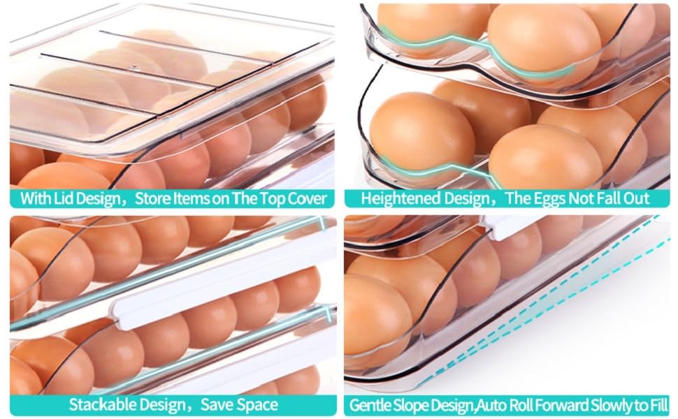 Egg Holder for Fridge, Automatic Rolling Egg Container for Refrigerator, Stackable Fridge Organizers and Storage with Lid, Clear Plastic Egg Dispenser & Tray (2 Tier)