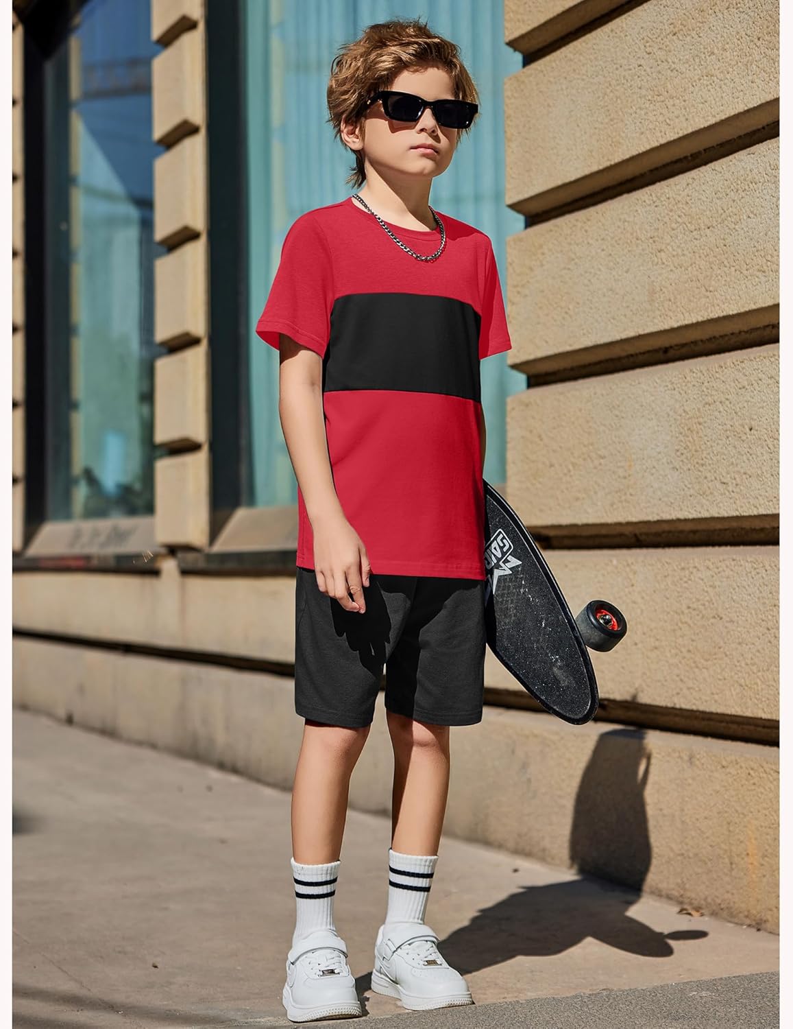 Arshiner Boys' 2-Piece Cotton Outfit Color Block T-Shirt and Shorts Set Casual Summer Clothes for Kids 6-14 Years