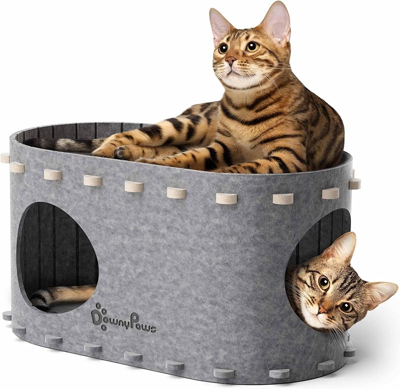 DownyPaws Cat House for Indoor Cats, Cat Bed Cave for Multiple & Large Cats Up to 22 Lbs, Scratch Resistant Peekaboo Cat Caves, Foldable Cat Tunnel Enclosed Bed, PeekaPurr, Cream - TrendyLookz