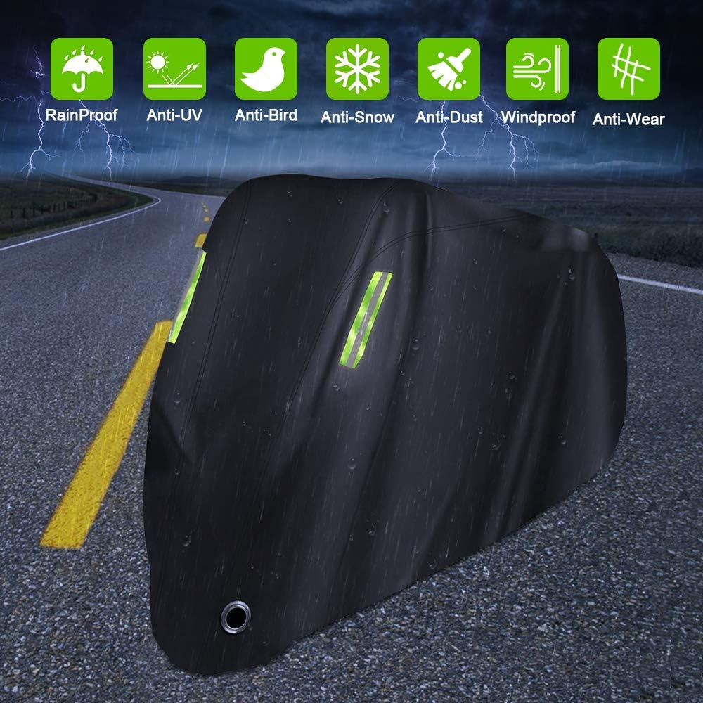 Motorcycle Cover All Season,Universal Weather Quality Waterproof Sun Outdoor Protection Scooter Shelter Tear Proof Night Reflective & Lock-Holes Storage Bag Fits up to 105" Motorcycles Vehicle
