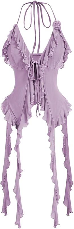 WDIRARA Women's 3D Flower Tie Front Ruffle Trim Halter Top Tie Backless Camisole