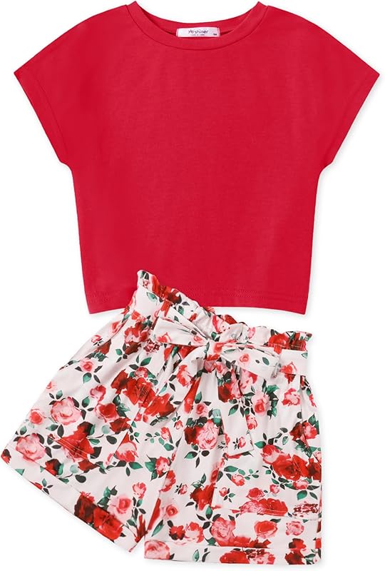 Arshiner Girls 2 Piece Outfit Summer Drop Shoulder Batwing Sleeve Tops and Paperbag Waist Shorts Set Cute Clothing Size 6-14