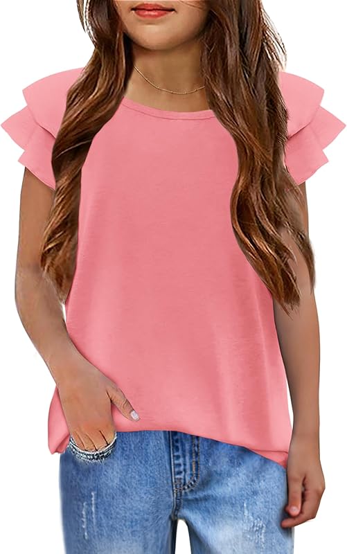 Girls T Shirts Ruffle Short Sleeve Round Neck Loose Blouse Summer Solid Color Casual Girl Tee Tops for 3-12 Years