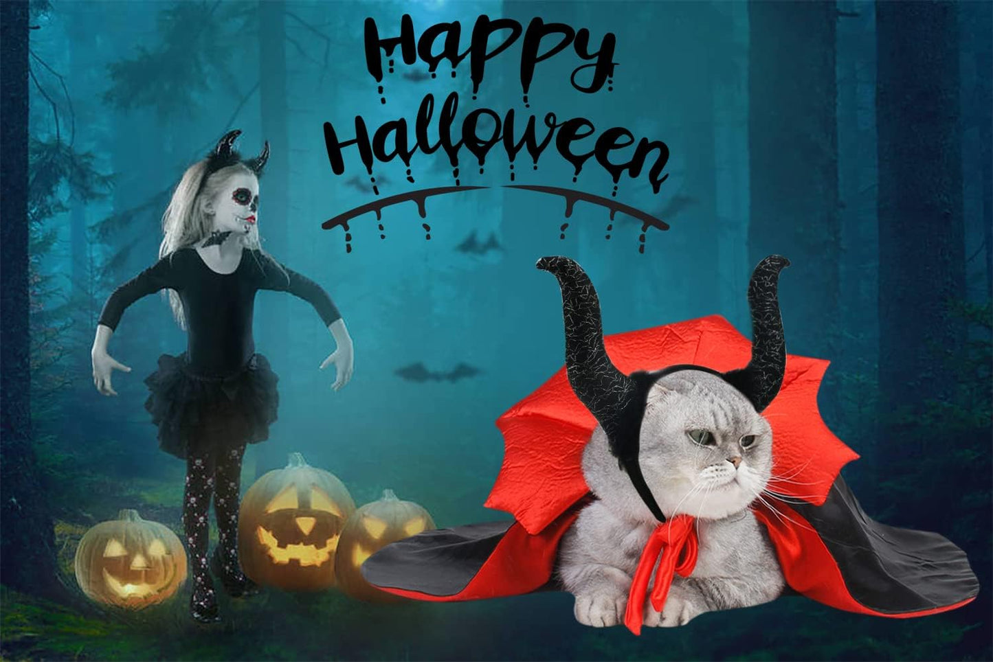2 Pcs Dog Halloween Costume Set Cat Witch Vampire Cape Devil Horns Hat Holiday Clothes for Cat Puppy Halloween Party Pet Outfits M
