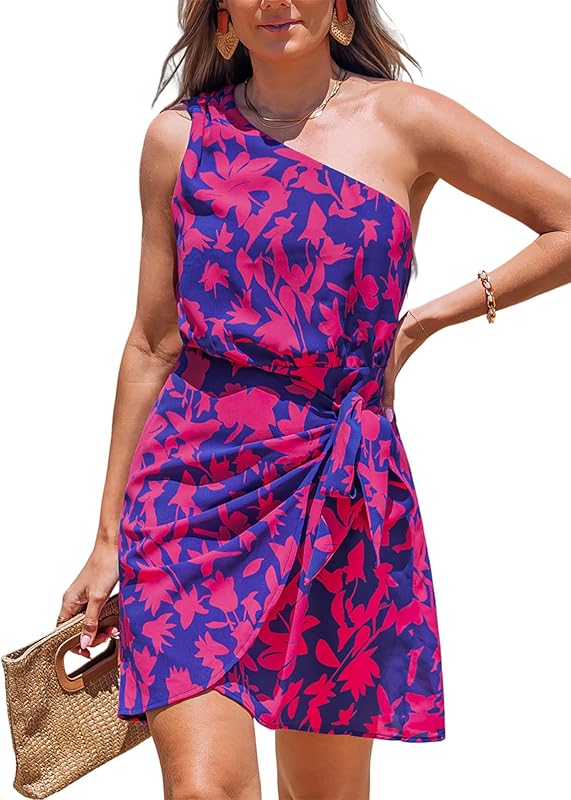 CUPSHE Women's One Shoulder Leaf Print Self-tie Short Dress Sleeveless Tiered Hem Formal Dress Casual Mini Dress