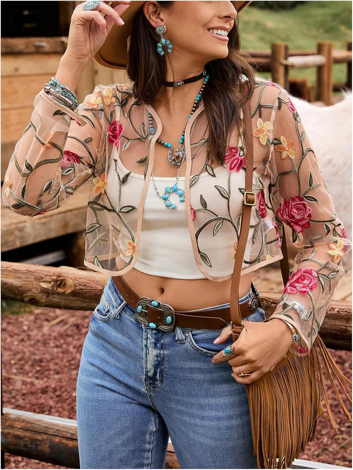 OYOANGLE Women's Floral Embroidered Open Front Crop Jackets Long Sleeve Mesh Summer Cardigan Tops