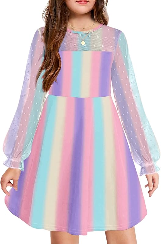 Arshiner Girl's Contrast Mesh Puff Long Sleeve High Waist A Line Short Dress with Pockets for 6-13 Years