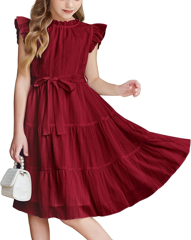 Arshiner Tween Girls Summer Dress Formal Ruffle Sleeve A Line Casual Elegant Dresses with Belt