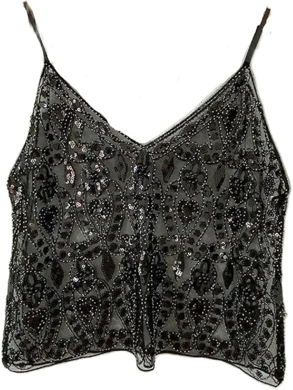 Women Y2K Sequin Cami Top Sexy Sparkly V Neck Tank Top Backless Glitter Crop Tops Floral Rhinestone Clubwear