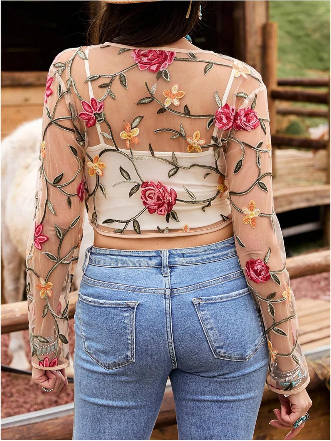 OYOANGLE Women's Floral Embroidered Open Front Crop Jackets Long Sleeve Mesh Summer Cardigan Tops