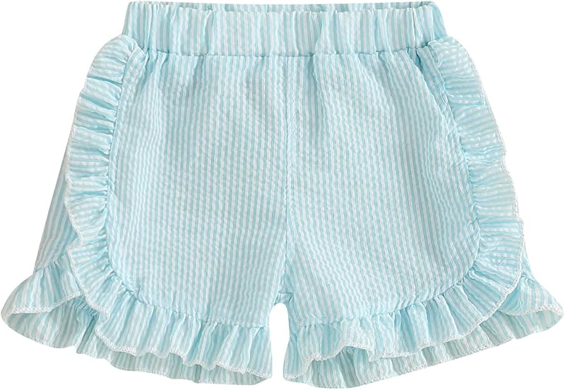 Karuedoo Toddler Baby Girl Shorts Casual Summer Gingham Plaid/Seersucker Elastic Waist Ruffle Hem Shorts Bottoms
