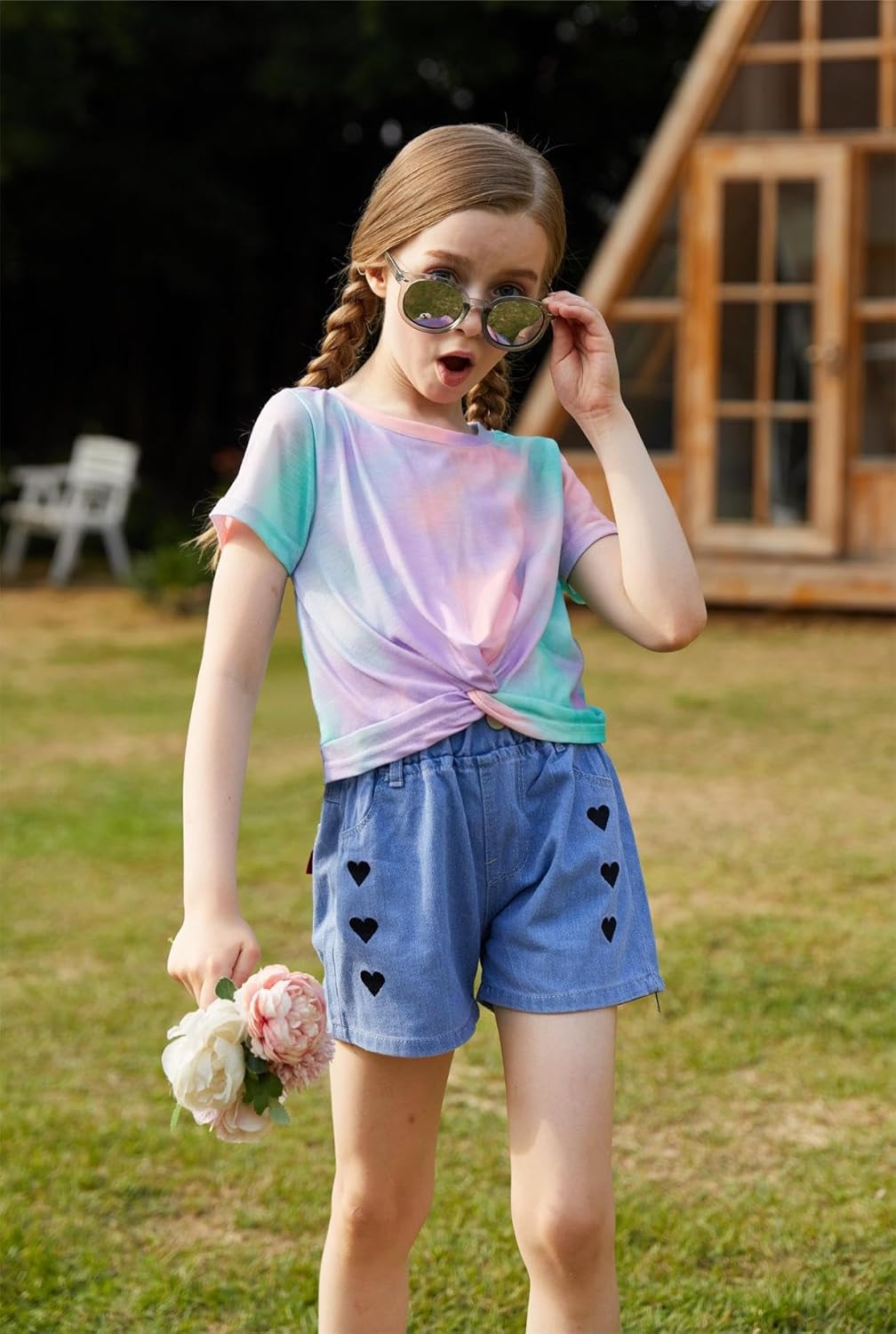 Arshiner Girls T-Shirts Twist Front Kids Summer Printed Round Neck Short Sleeve Tops Casual Fashion Tee Shirt for Girls 5-12 Years