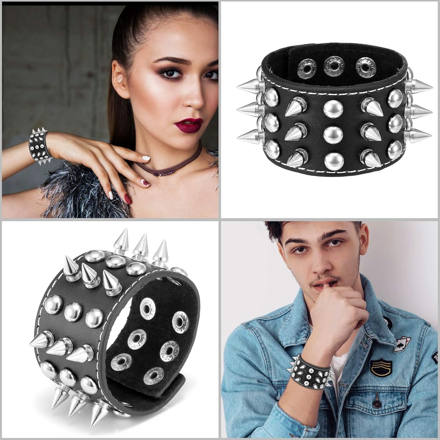 JOVIVI 3pcs Spike Studded Rivets Punk Rock Biker Wide Strap Genuine Leather Bracelets Necklace Chain Wristband Adjustable