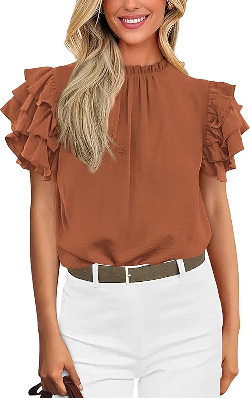 KIRUNDO Womens Blouse 2025 Spring Summer Dressy Casual Ruffle Short Sleeve Frill Mock Neck Work Shirt Tops Fashion Clothing