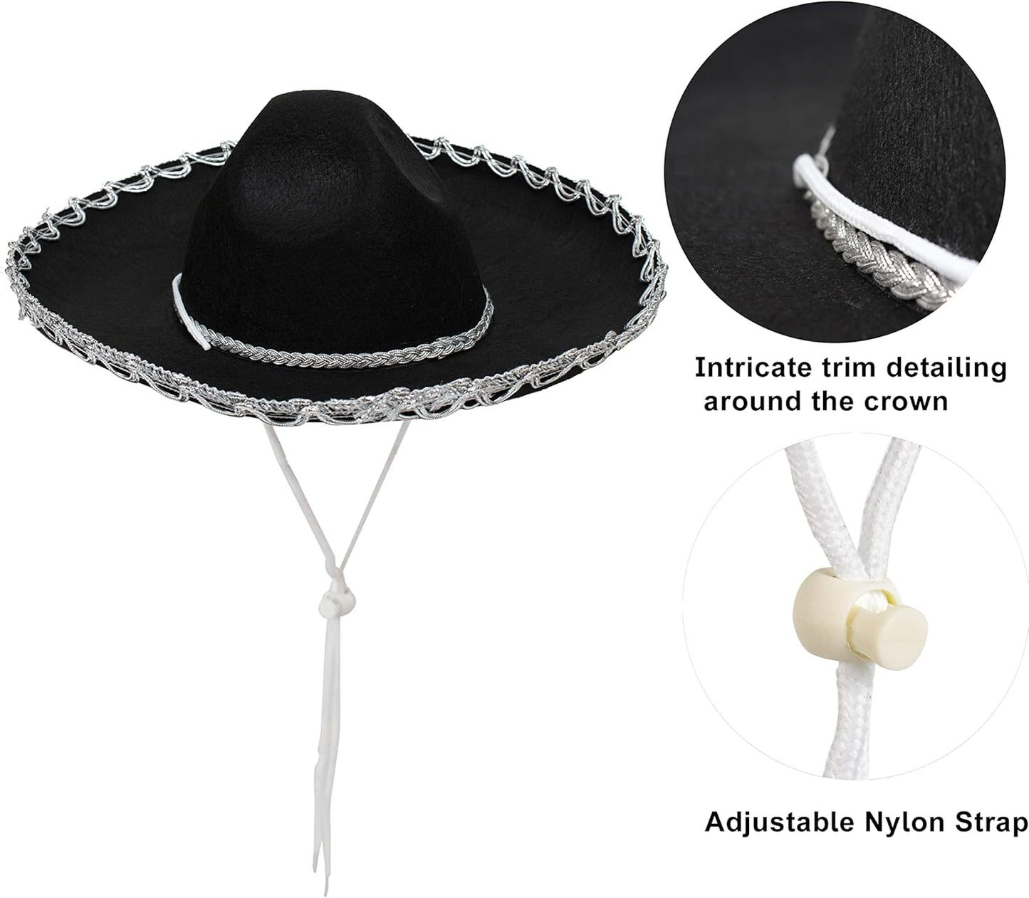 GiftExpress Black Mariachi Sombrero Hat with Silver Trim, Sombrero for Cinco de Mayo, Halloween Costume, Mexican Fiesta Costume