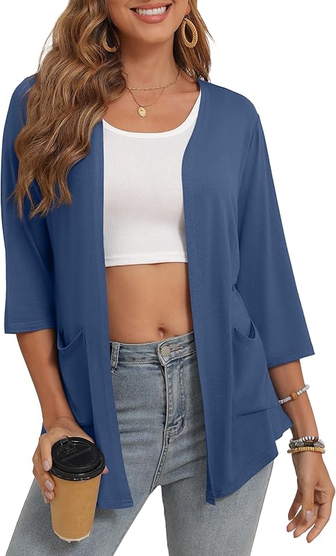 Women's 3/4 Sleeve Open Front Cardigan Casual Loose Lightweight Cardigans with Pockets