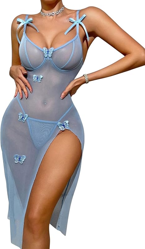 Sexy Butterfly Split Leg Underwire Sheer Mesh Maxi Lingerie Dress with Thong 2 Piece Set