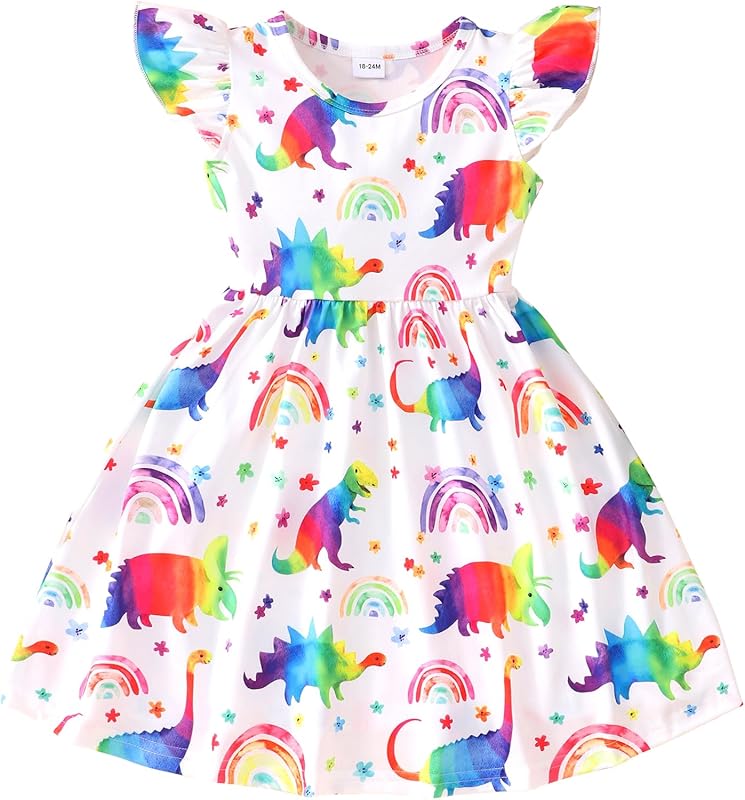 Toddler Little Girls Casual Dresses Short Sleeve Crew Neck Graphic Cartoon Dress for 2-8 Years