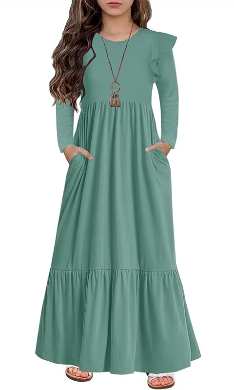 HOSIKA Girls Fall Ruffle Long Sleeve Crew Neck Loose Casual Flowy Tiered Maxi Dress with Pockets for 6-12 Y