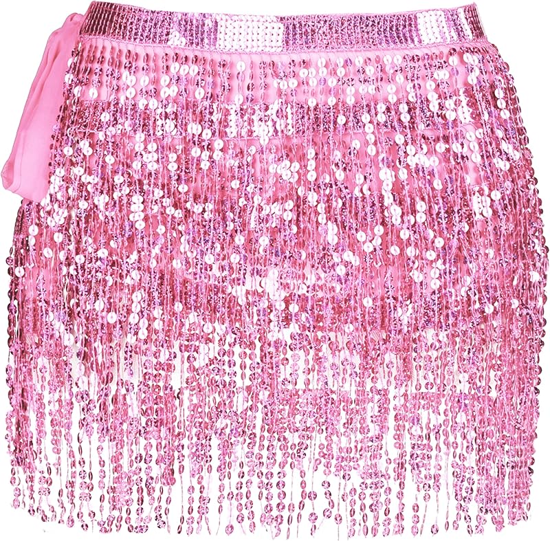 Women Belly Dance Skirt Tassel Fringe Skirts Sparkly Sequin Hip Scarf Party Costume