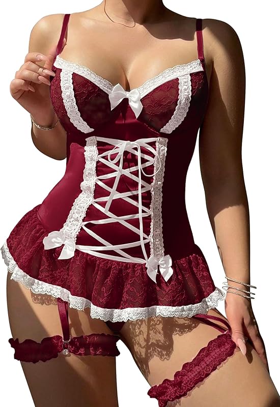 Lingerie Sets for Women Sexy Rave Outfits Lace Up Corset Bodysuit with Garter 2 Piece