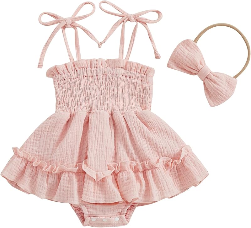 Murnouche Newborn Baby Girl Romper Dress Summer Clothes Boho Photoshoot Outfits with Headband