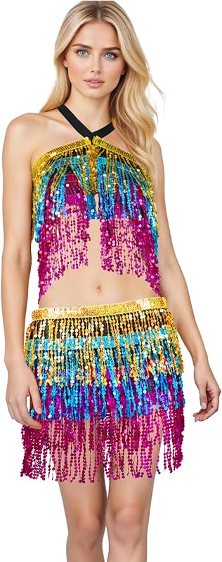 Sequin Skirts for Women (Waist/Bust Under 31.5"), Sparkly Skirts for Girls 2 Piece Set, Tassel Skirt for Kids, 2Pack