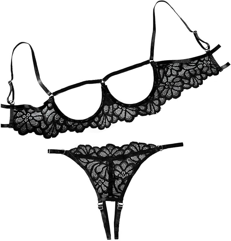 Lilosy Sexy Underwire Floral Lace Sheer Lingerie Set for Women See Through Bra and Panty 2 Piece