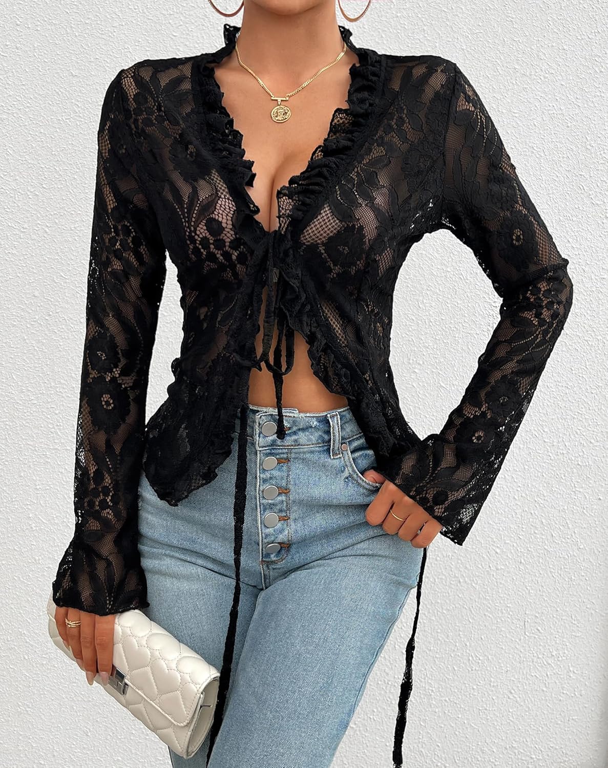 Lace Tops for Women Long Sleeve See Through Sexy Sheer Mesh Crop Top Shirt Open Front Tie Blouse Ruffle for Women