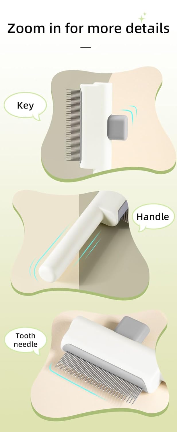 Cat Shedding Comb for Long Haired Cats, Dog Combs for Grooming Matting, Metal Pet Comb for Indoor Cat or Small Dogs, Release Button Self-Cleaning, Long & Short Stainless Steel Metal Teeth, White