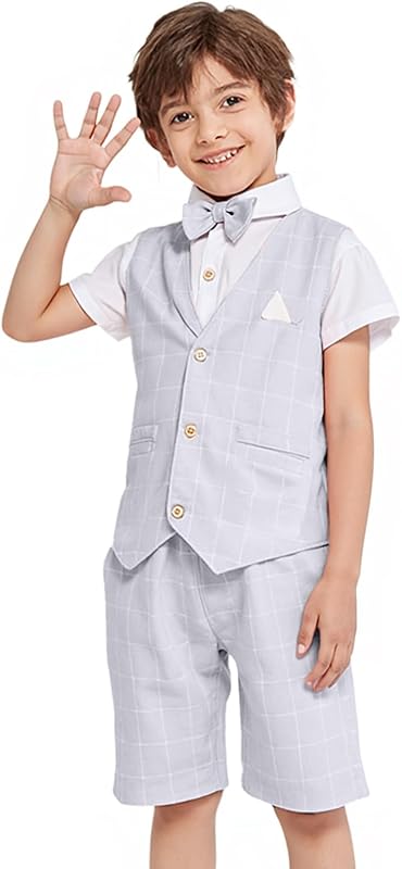 Summer Boys Suit Dress Clothes Kids Wedding Ring Bearer Outfit 4Pcs Shirt Vest Shorts Set