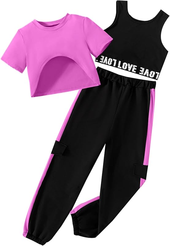 Hilinker Girl's Graphic 3 Piece Outfits Short Sleeve Crop Top Letter Tank and Sweatpants Set