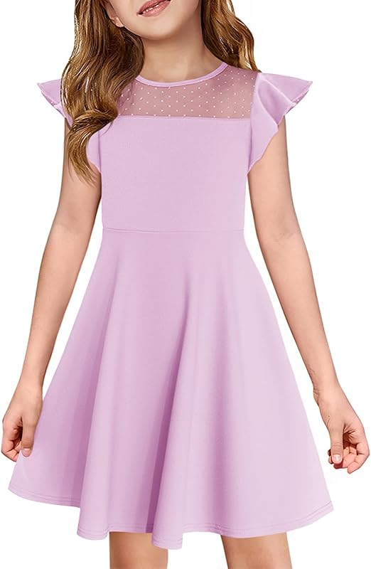 Haloumoning Girls Dress Summer Ruffle Sleeve Mesh A Line Casual Party Dresses with Pockets for Kids 4-14 Years