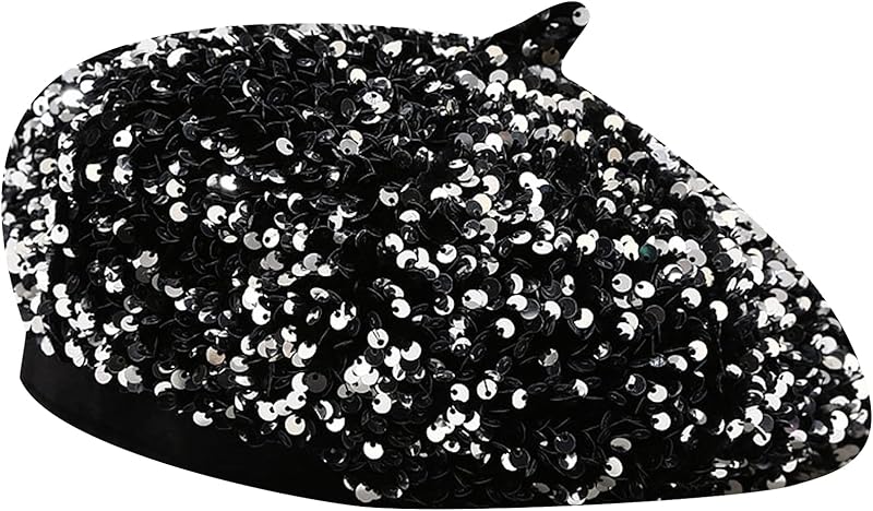 Women Beret Hat Glitter Sequins French Style Beanie Cap Adjustable Fashion Shimmer Hat for Girls Ladies