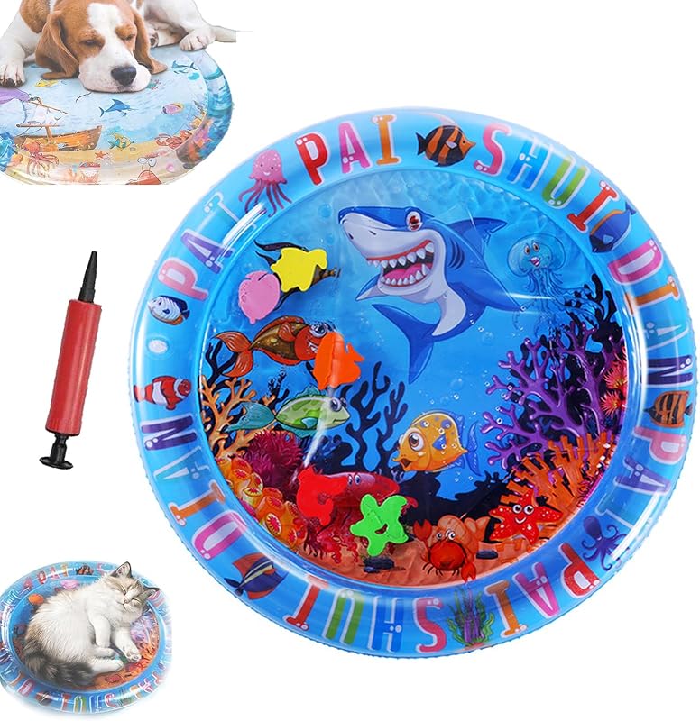 Pet Water Bed, Thickened Water Sensory Play Mat for Cats Dog, Waterbed Toy with Fish, Washable Inflatable Playmat, Puncture Proof Cooling Mat for Pet, Feel Cool Comfort (Large Round Model C)