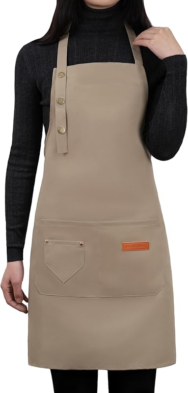 Apron for Men Women with Adjustable Straps and Large Pockets, Canvas Cotton Cooking Kitchen Chef Bib Aprons Waterproof Beige