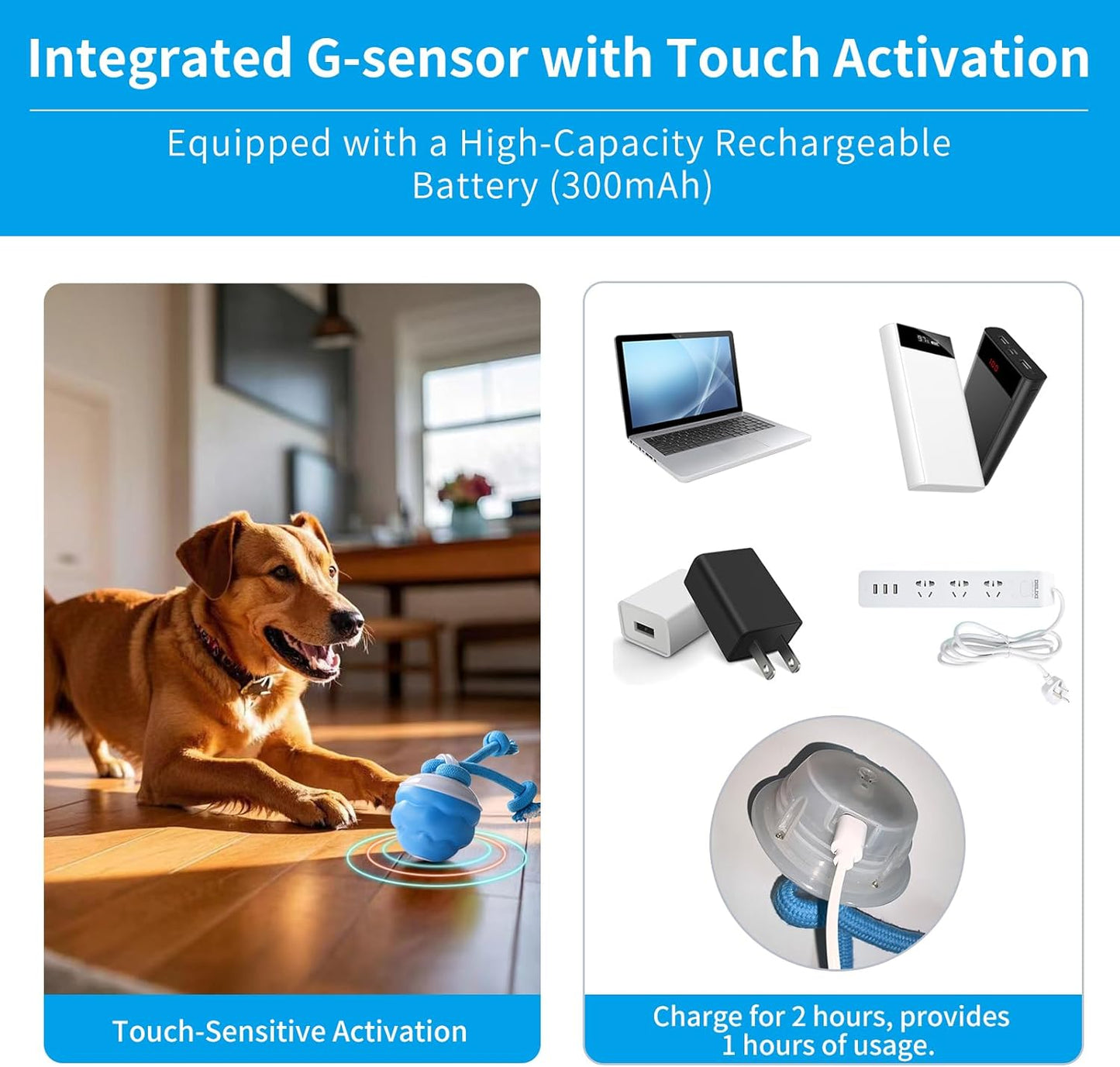 Interactive Dog Toys Ball, Automatic Moving Rolling Pet Toy with Touch Activated, Active Rolling Ball Products for Puppy Small Medium Dogs, Squeaky, USB Rechargeable, Keep Them Busy (Blue)