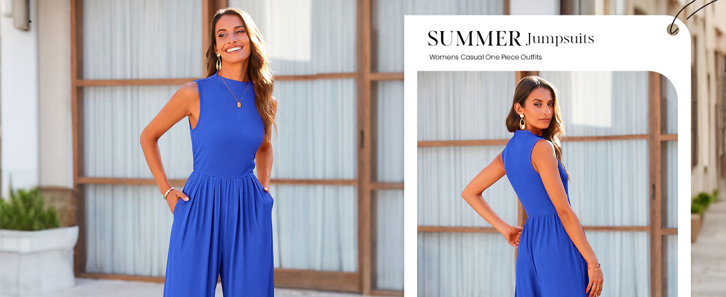 PRETTYGARDEN Womens Summer Jumpsuits Dressy Casual One Piece Outfits Sleeveless Mock Neck Wide Leg Pants Rompers with Pockets