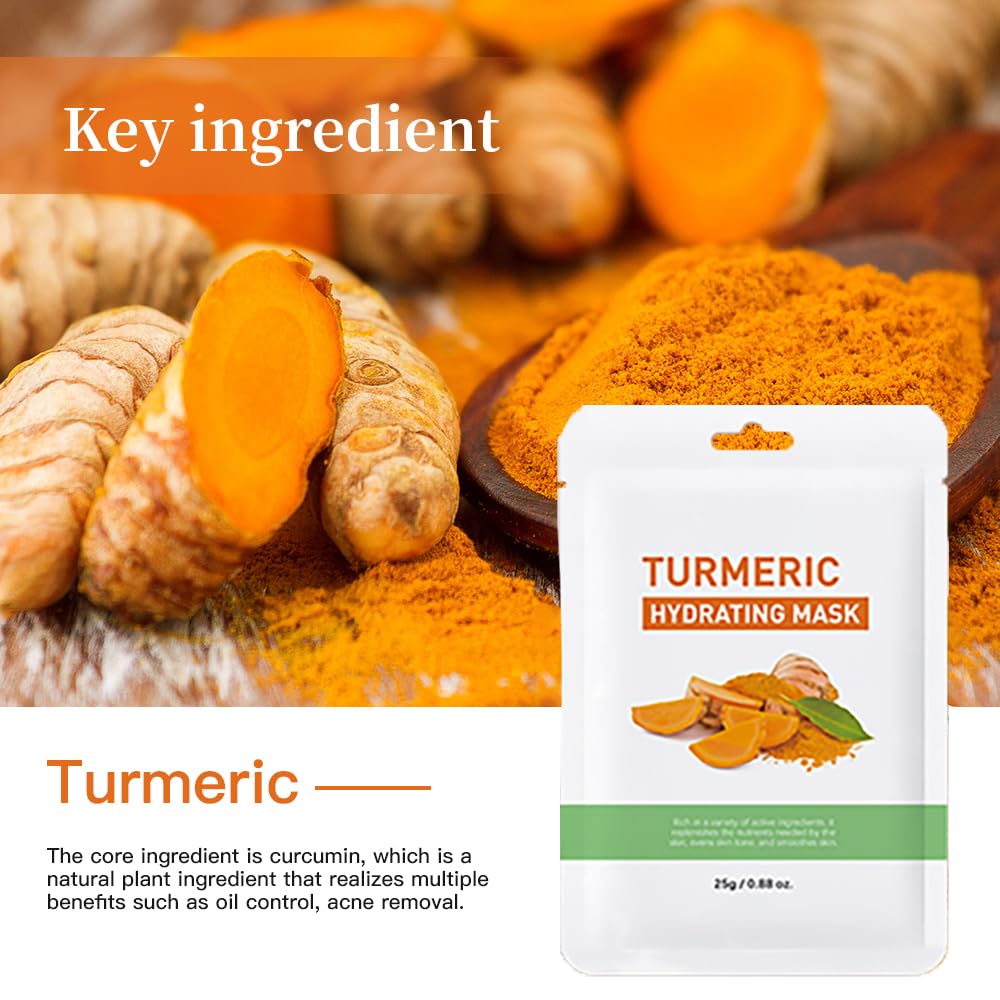 5 Packs Turmeric Hydrating Mask Face Sheet Mask for Ance, Restore Fragile Skin, Soothes Post-Sun Skin, Moisturizing & Firming Face Masks Skincare, Facial Mask Sheet Masks for Oil Control