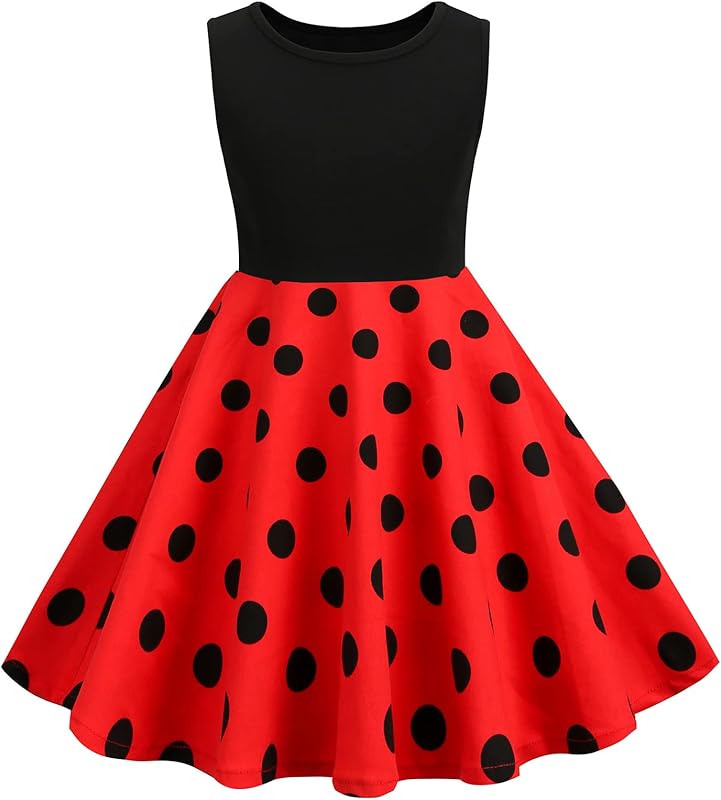 Kids Girls 50s Audrey Vintage Polka Dot Swing Party Rockabilly Dress Retro Peter Pan Doll Collar Wedding Casual Skater Dress