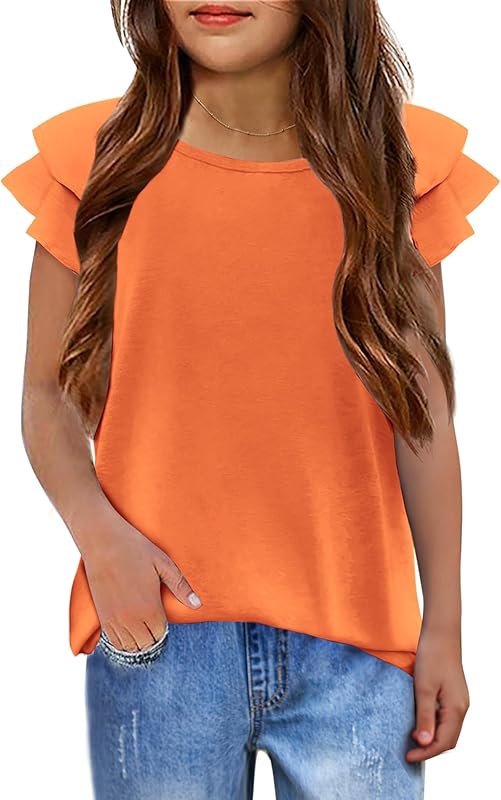 Girls T Shirts Ruffle Short Sleeve Round Neck Loose Blouse Summer Solid Color Casual Girl Tee Tops for 3-12 Years