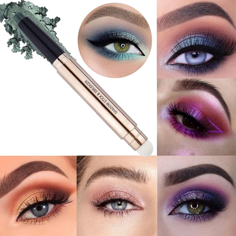 2 in 1 eyeshadow stick and Sponge Makeup Brush, Smooth Cream Shimmer Shadow Pencil Long Lasting Waterproof Eye Shadow Highlighter Stick Makeup , Hypoallergenic Highlighter Multi-Dimensional eyes Look