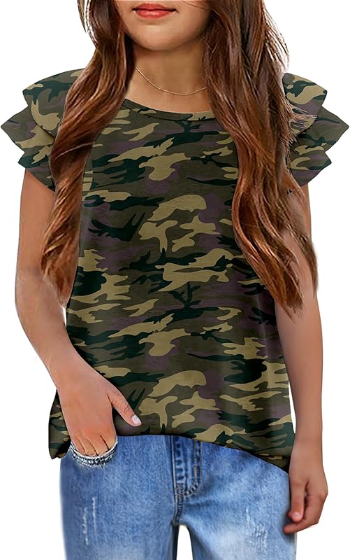 Girls T Shirts Ruffle Short Sleeve Round Neck Loose Blouse Summer Solid Color Casual Girl Tee Tops for 3-12 Years