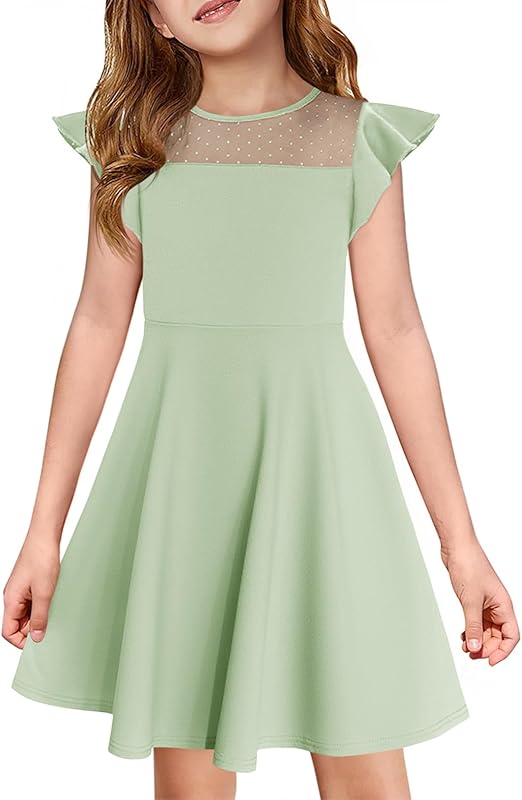 Haloumoning Girls Dress Summer Ruffle Sleeve Mesh A Line Casual Party Dresses with Pockets for Kids 4-14 Years