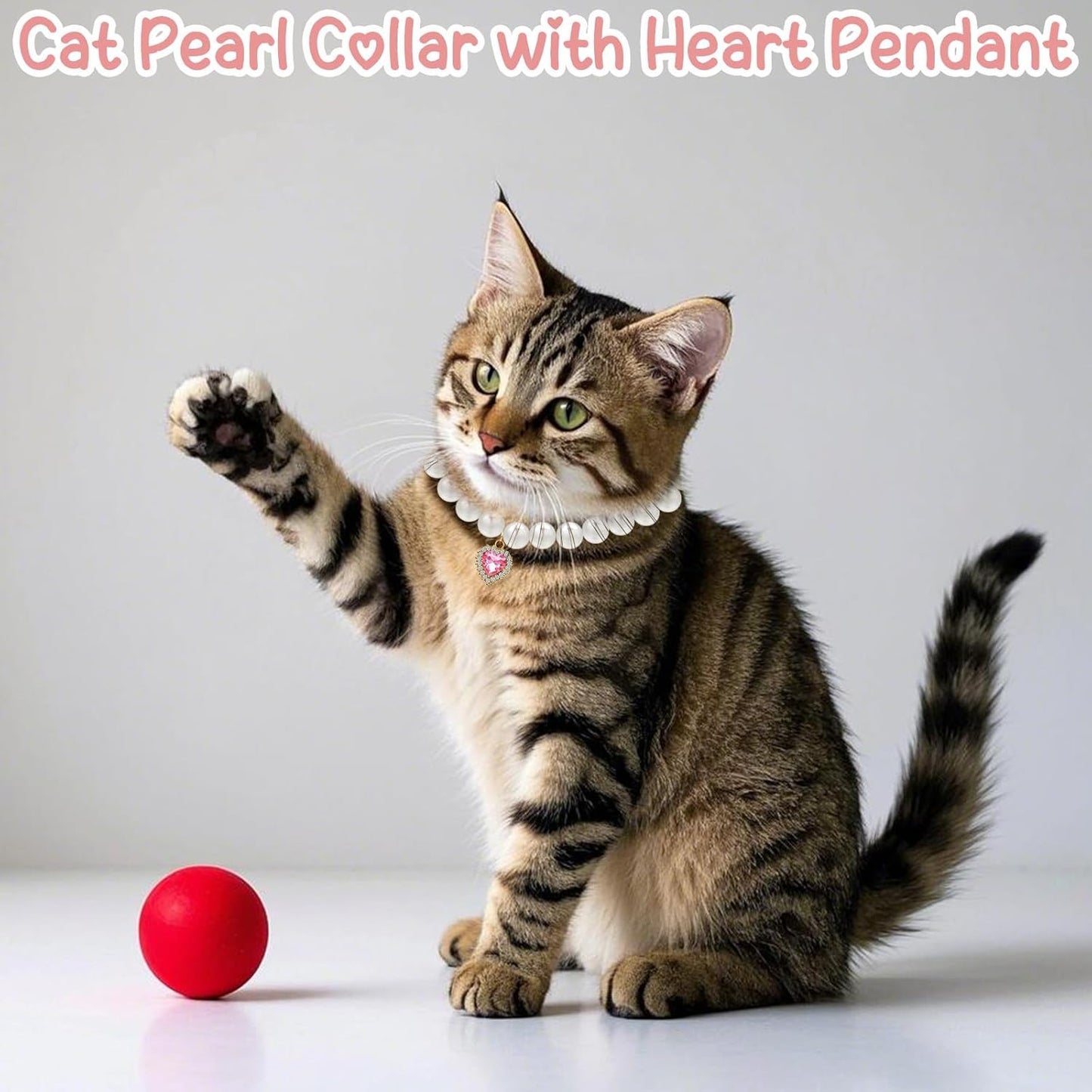 2Pcs Cat Pearl Collar with Heart Shape Pendant Rhinestone Cute Pearl Pet Necklace, Adjustable Size Small Dog Jewelry Accessories for Puppy Girl cat for Wedding Party