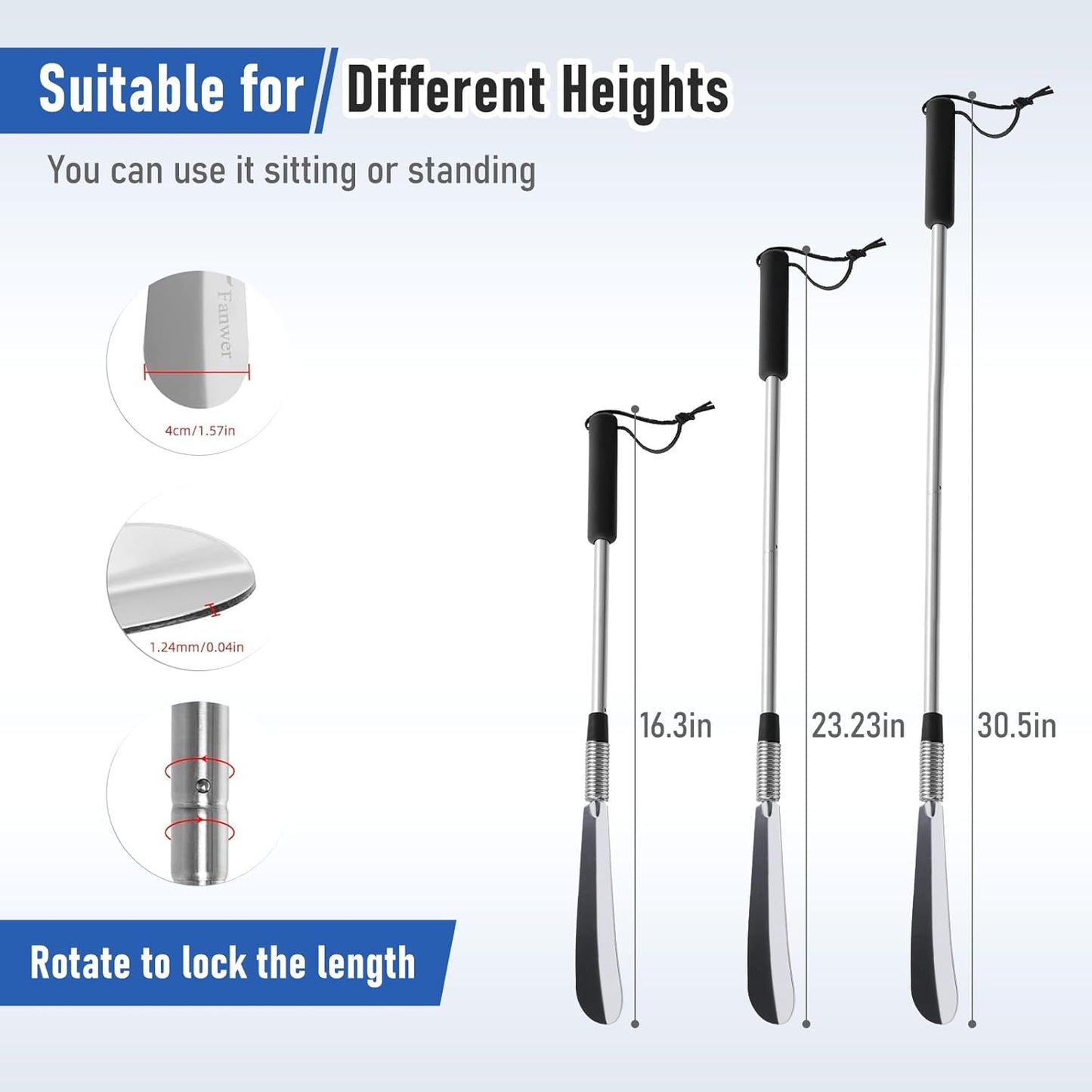 Fanwer Extendable Shoe Horn Long Handle for Seniors, Twist to Lock, 16" to 31"Adjustable, Stainless Steel Telescopic Shoehorn for Men Women, Metal Travel Shoe Horn, Shoe Helper Tool