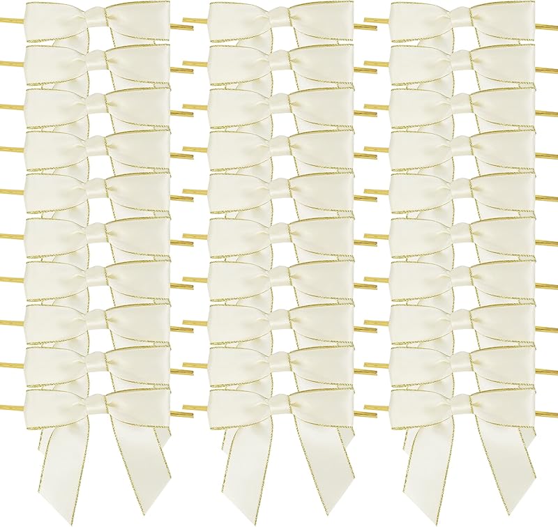 AIMUDI Pink Bows 3.5" Premade Satin Ribbon Bows with Gold Edge Pre-Tied Twist Tie Bows for Gift Wrapping Crafts Treat Bags Baby Shower Wedding Party Decorations, 50 Counts