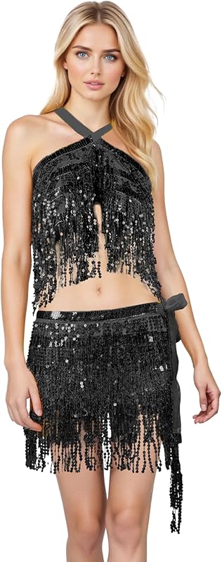 Sequin Skirts for Women (Waist/Bust Under 31.5"), Sparkly Skirts for Girls 2 Piece Set, Tassel Skirt for Kids, 2Pack