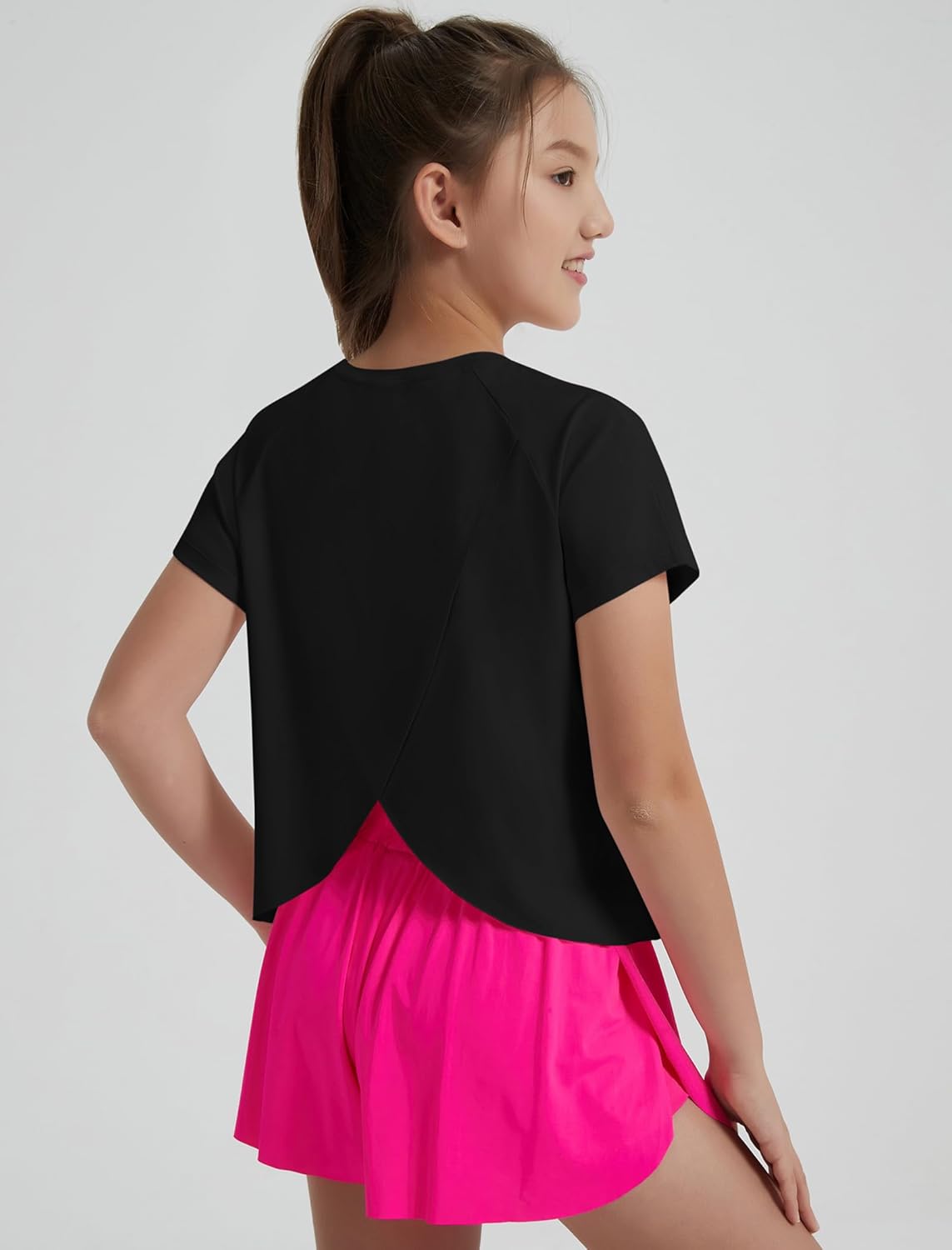 EXARUS Girls Athletic Shirts Short Sleeve Crop Tops/Split Back Quick Dry T Shirt Workout Summer Casual Kids 6-14Y