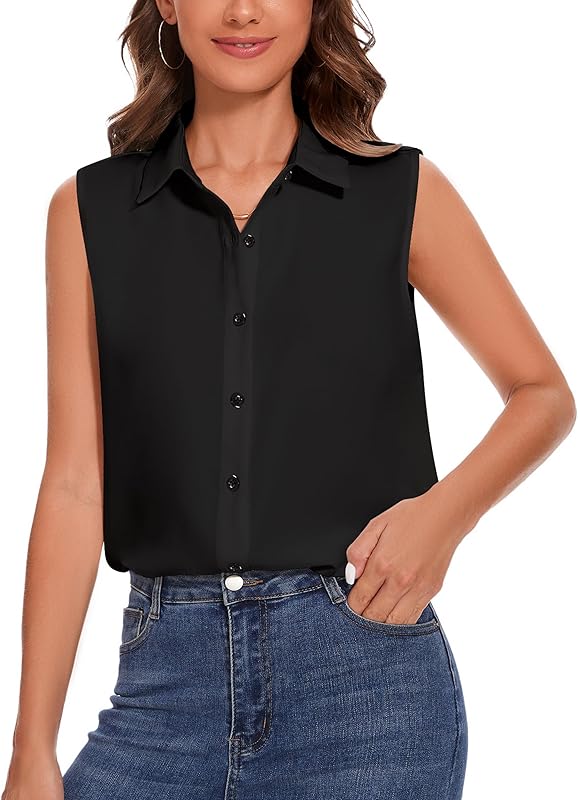 YAMANMAN Womens Sleeveless Button Down Shirt Classic Collared Blouse Basic Tank Tops Work Office Chiffon Tops